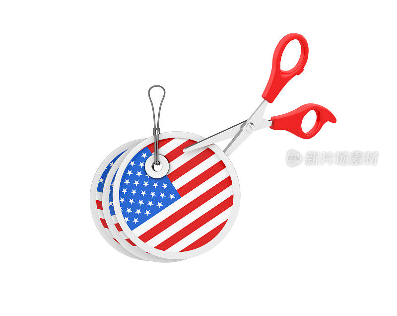 价格购物标签与美国国旗和剪刀- 3D渲染